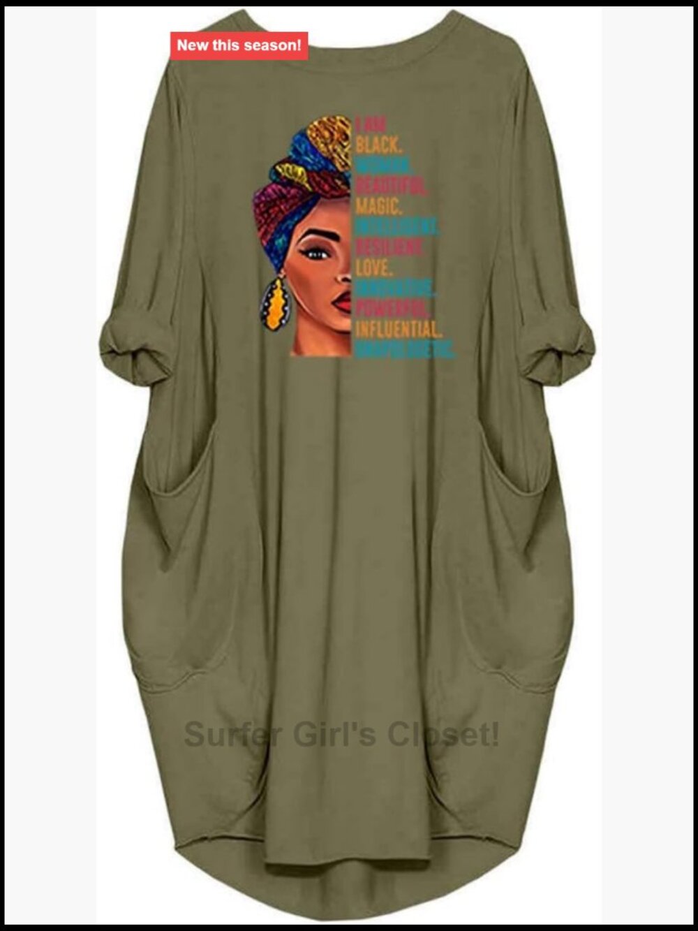 Black Woman Beautiful Magic Printed Loose Pocket Oversize Tunic T-Shirt Dress - Picture 1 of 2